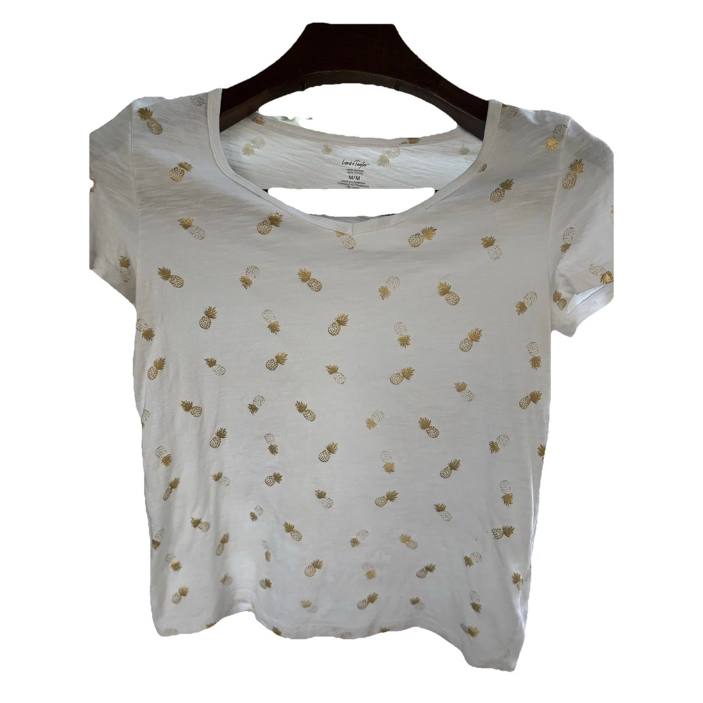 LORD & TAYLOR M 100% Cotton Pineapples Print Short Sleeve Shirt Tee Shirt‎ White